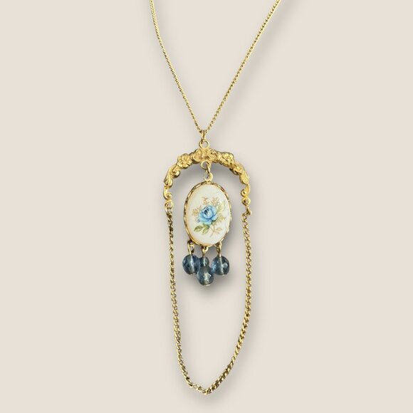 vintage Jewelry - Vintage Gold Floral Porcelain Pendant Necklace With Blue Beads & Chain Accents